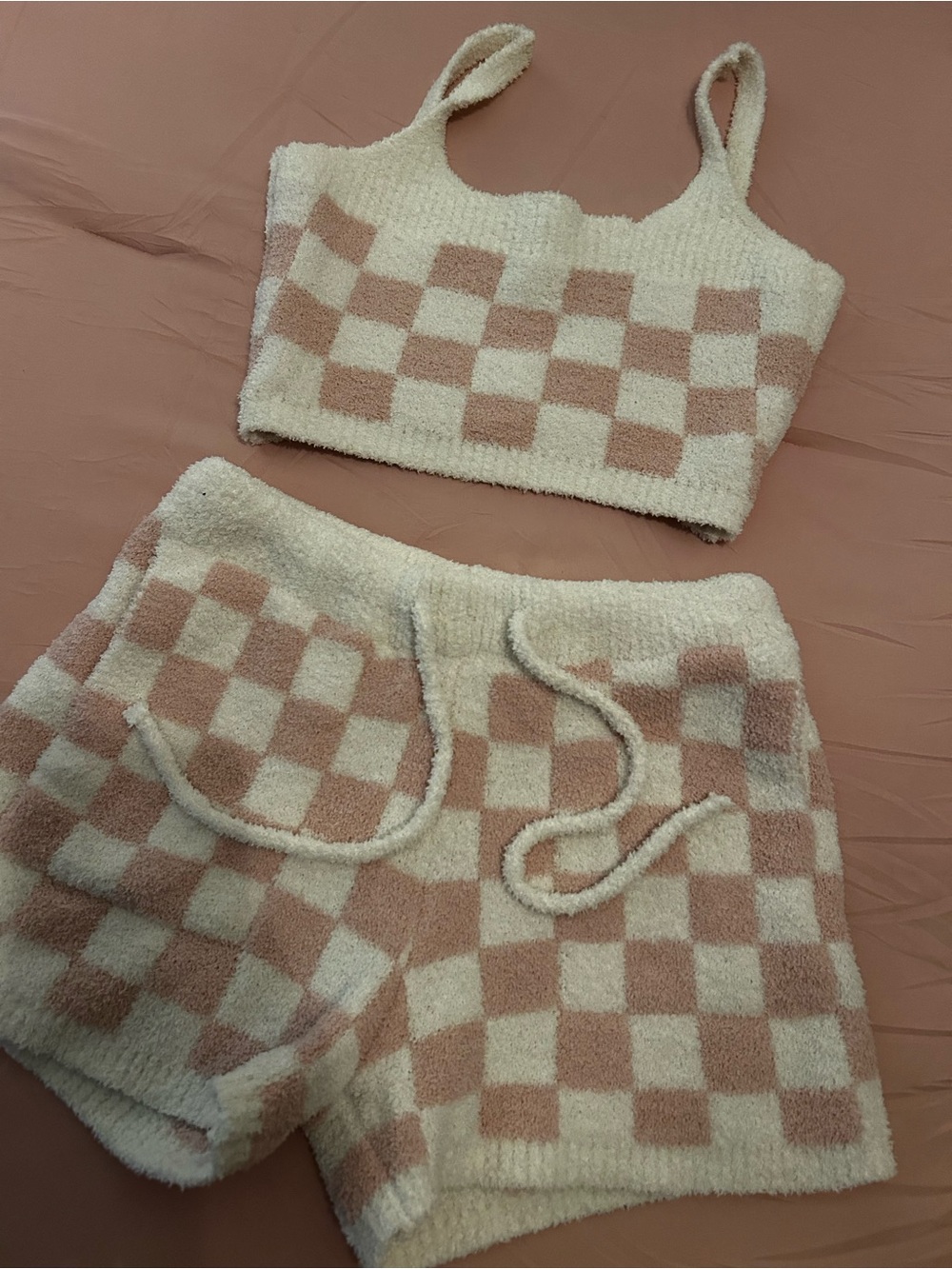 Checker Knit Lounge Tank & Shorts Set in Pink and Cream. Size S.
